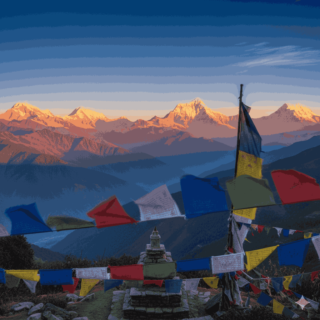 A realistic trekking scene on the poon hill trek in nepal showing a licensed Nepali guide leading trekkers through stone steps and rhododendron forest, traditional villages in the background, trekkers wearing backpacks, cultural immersion atmosphere, natural daylight, authentic Himalayan trekking experience