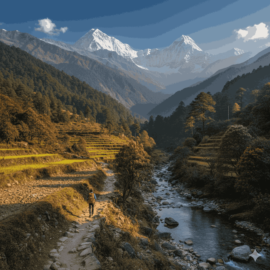 Ganesh Himal Trek: A trail through lush forests and terraced fields with the majestic peaks of Ganesh Himal in the background