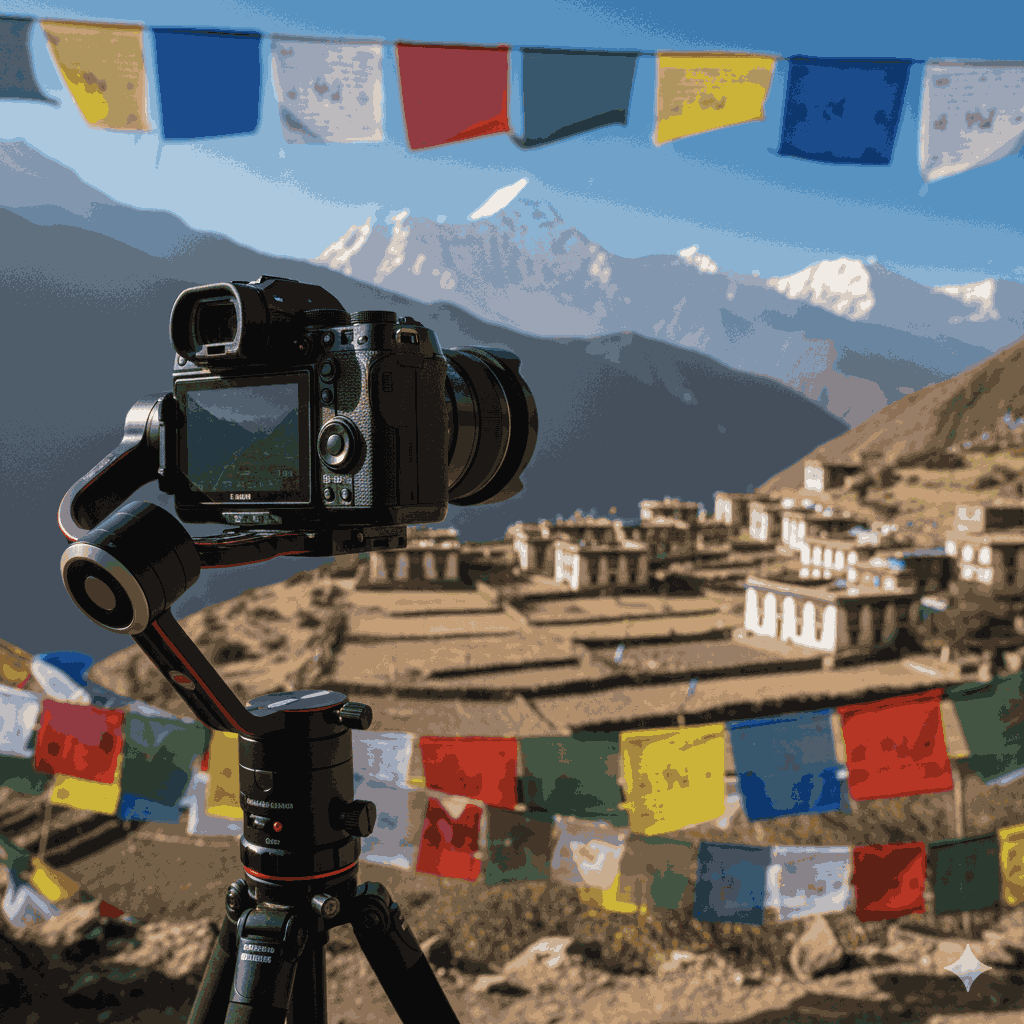 Nepal cinematic travel gear featuring a mirrorless camera with wide-angle lens capturing Himalayan village scenes