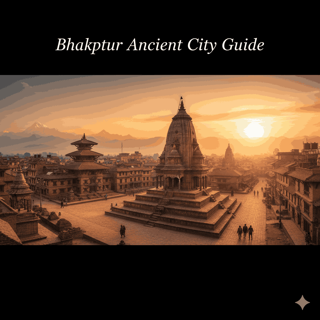 Panoramic view of Bhaktapur ancient city with historic temples and cobblestone streets, a must-see on the Bhaktapur ancient city guide