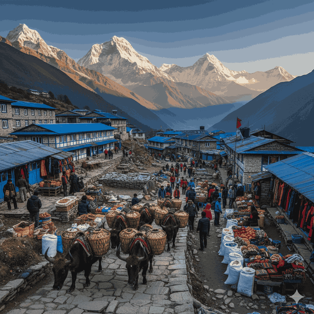 Namche Bazaar in Nepal, one of the best local markets in Nepal, nestled in the Everest region with stunning mountain views