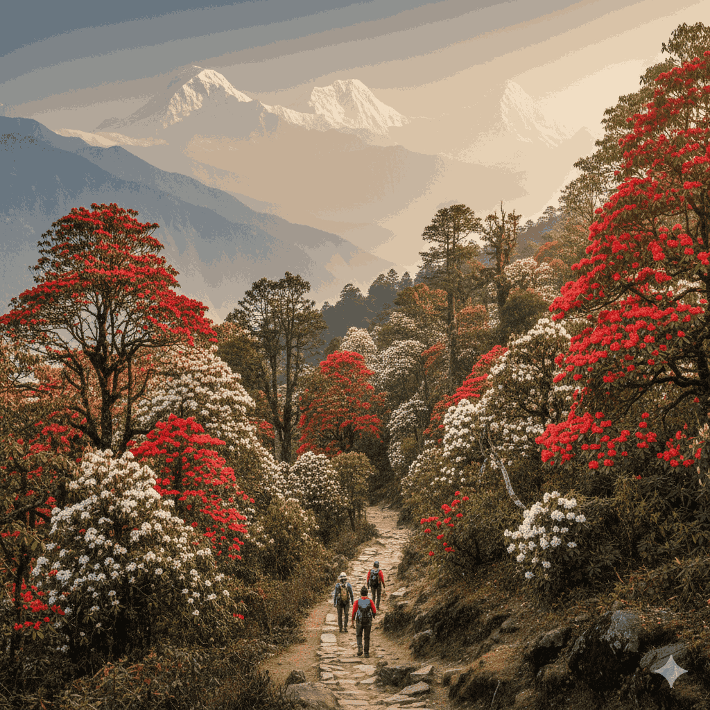 best time for trek in Nepal in spring with blooming rhododendron forests