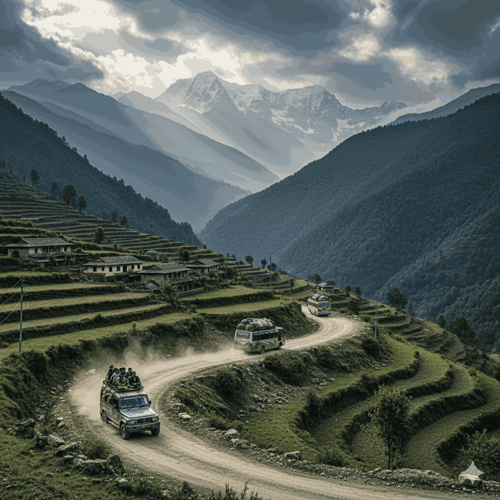 nepal local transport connecting mountain villages with buses and four wheel drive jeeps