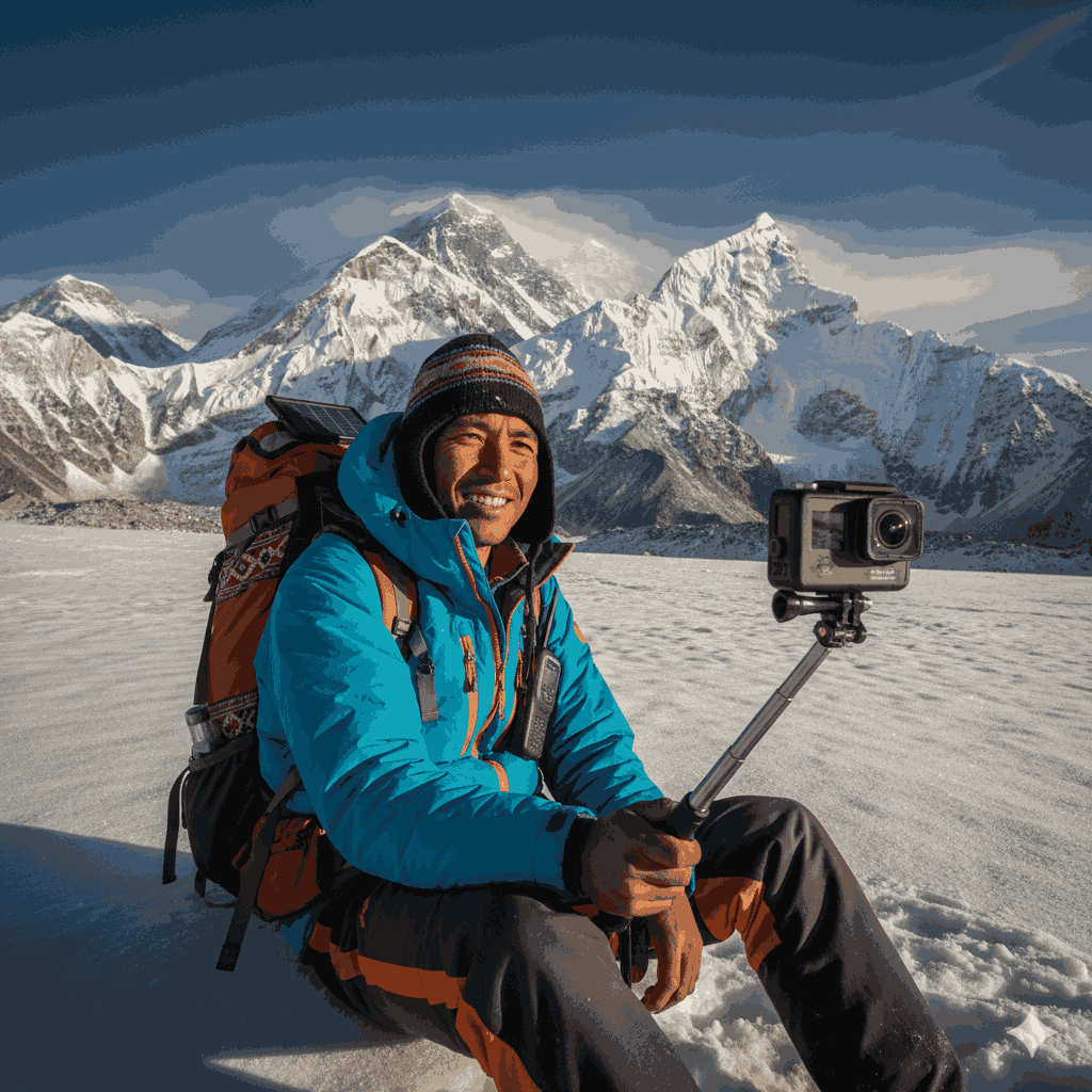 Sherpa climber using a GoPro on snow, highlighting in-between moments in Nepal travel photography and the rurban culture