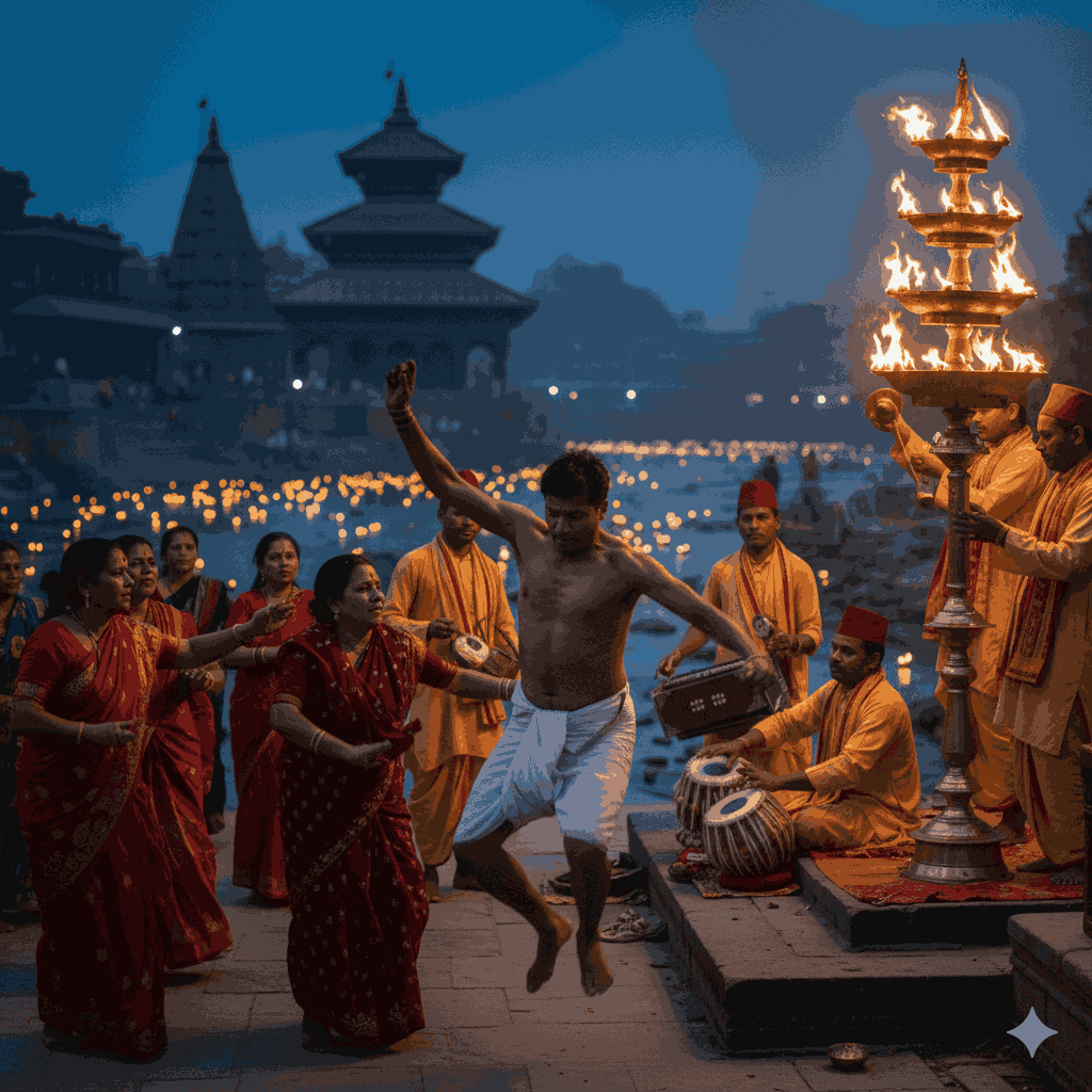 Devotees performing Tandava dance during Pashupatinath Temple evening Aarati, illustrating the spiritual dance of Lord Shiva