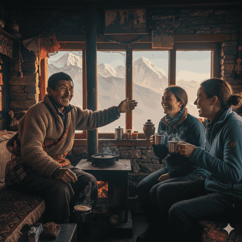 trek in Nepal in 2026, Sherpa guide with trekkers in mountain tea house