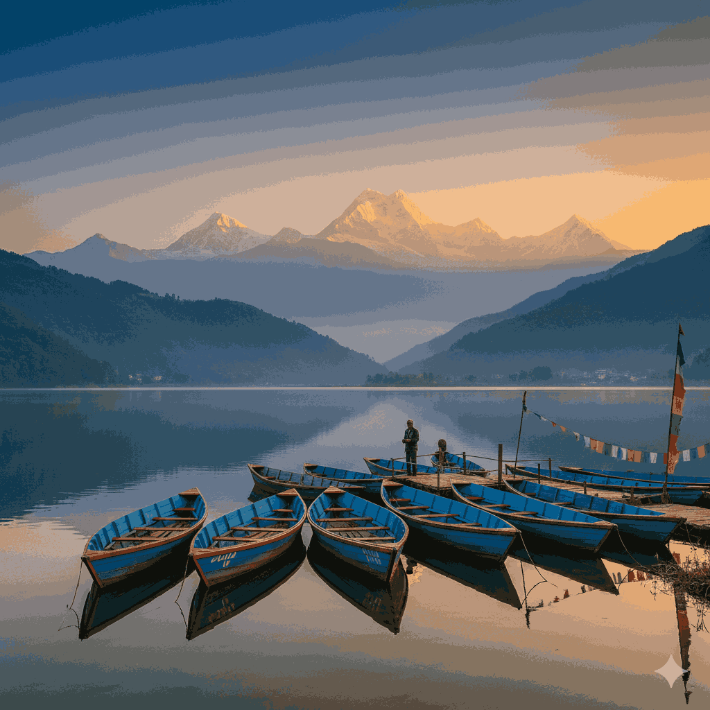 Scenic view of Phewa Lake in Pokhara, a highlight of the Nepal backpacker itinerary. 