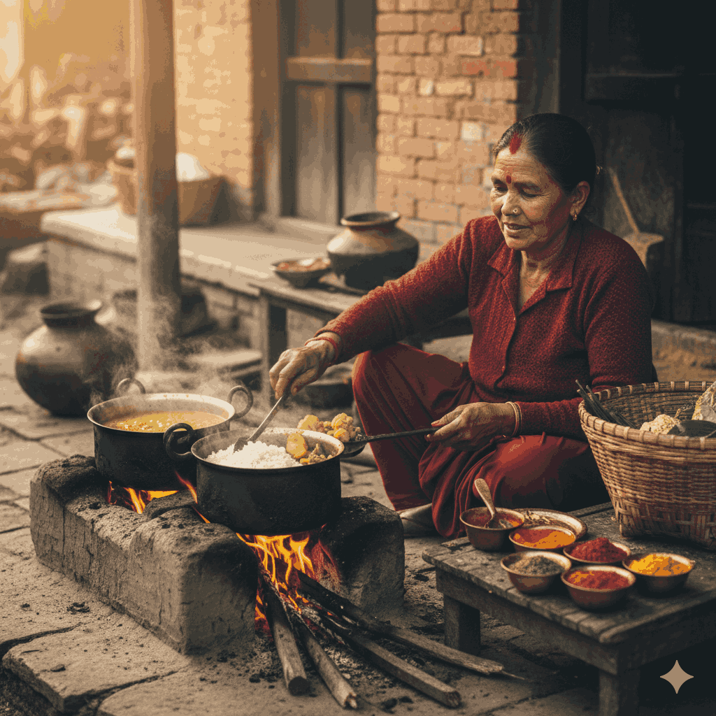 Nepali vendor preparing Dal Bhat Tarkari in a traditional kitchen, highlighting the focus on local food Nepal’s staple cuisine