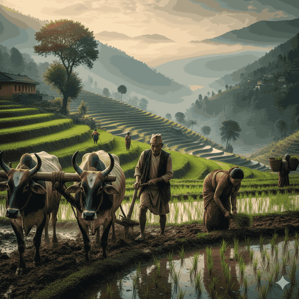 Farmers practicing sustainable agriculture in village life Nepal with terraced rice paddies and traditional tools