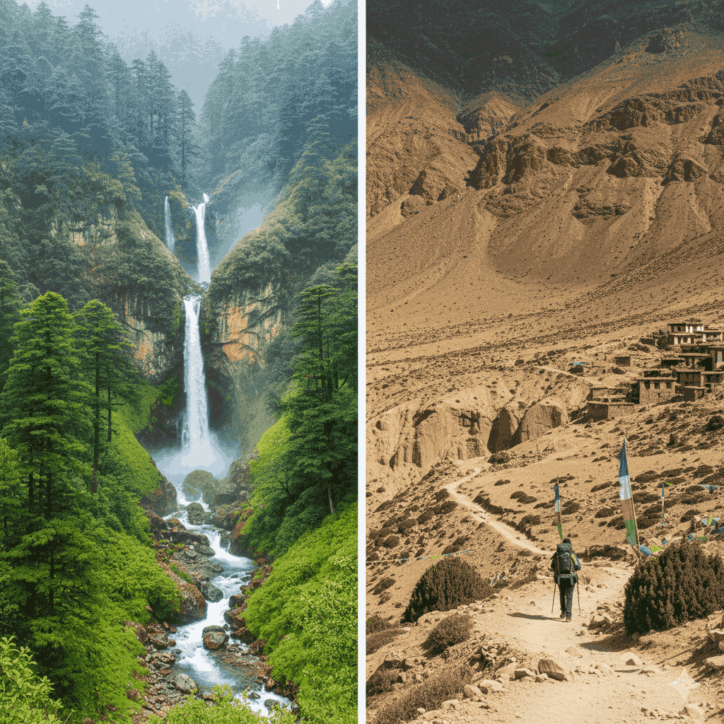 Transition from lush forests to arid high-altitude terrain on the Nar Phu Valley trek in Nepal
