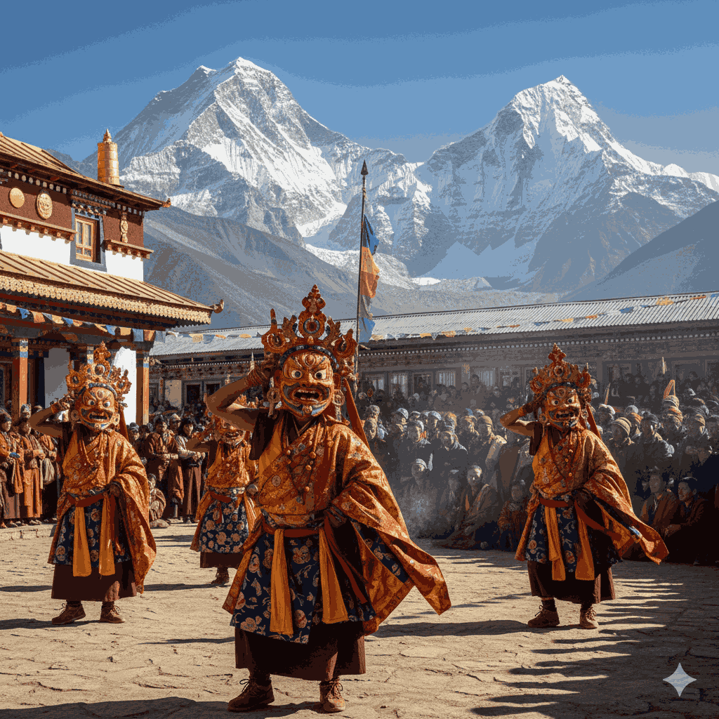Sherpa monks performing masked dances during Mani Rimdu festival in Everest region, showcasing the spiritual vibrancy of cultural festivals Nepal