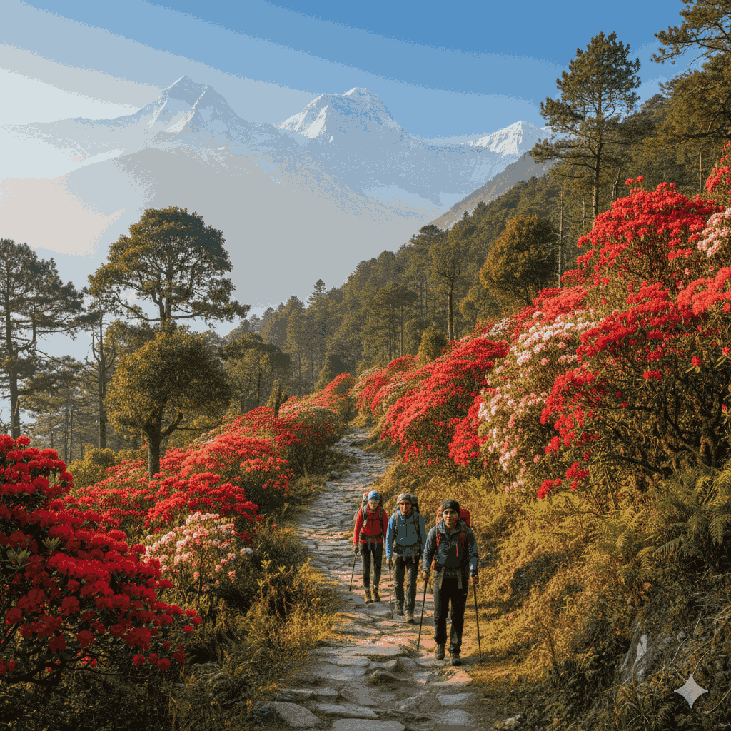 Best season to trek in Nepal during spring with blooming rhododendrons and Himalayan mountain views