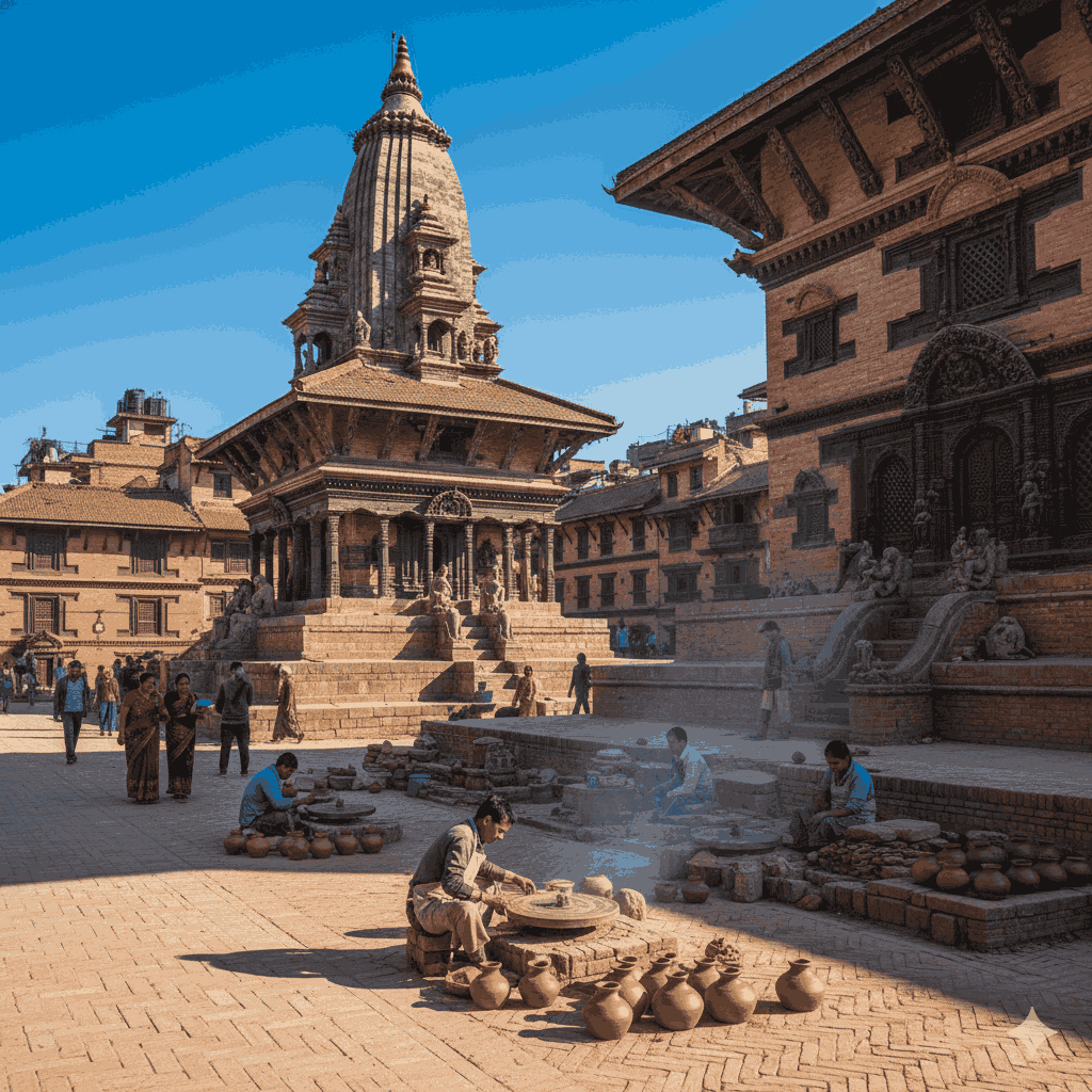 Medieval Bhaktapur Durbar Square with traditional pagoda temples and craftsmen, a highlight of things to do in Kathmandu for 3 days