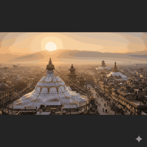 Most Instagrammable spots in Kathmandu — Boudhanath Stupa with prayer flags and monks