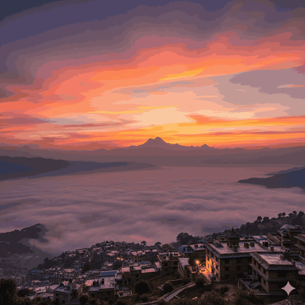Narrow cobblestone street in Tansen heritage town with traditional brick houses and wooden carvings, reflecting Nepal’s rich cultural heritage