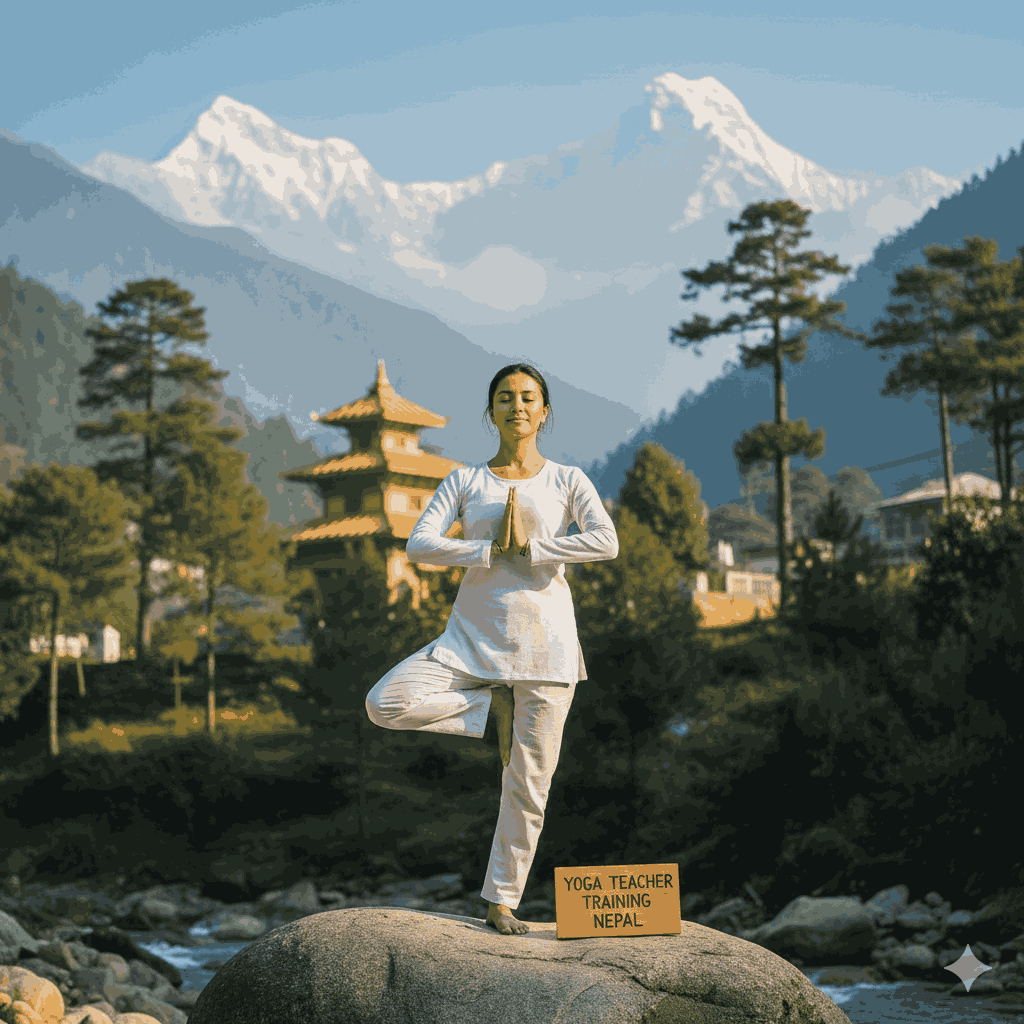 Practicing yoga in the mountains during yoga teacher training Nepal, emphasizing authentic training