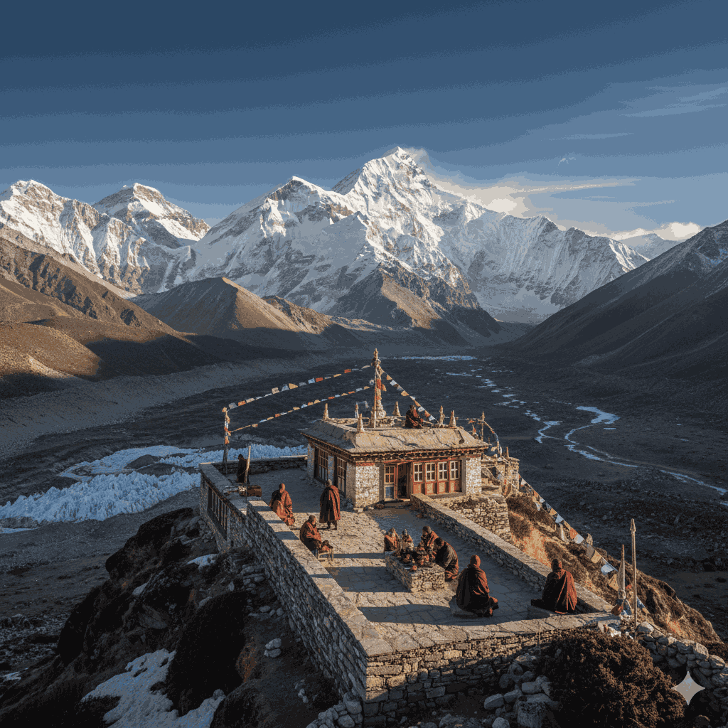 Mount Everest in Sagarmatha National Park, one of the UNESCO World Heritage sites Nepal, showcasing natural beauty and Sherpa culture. 