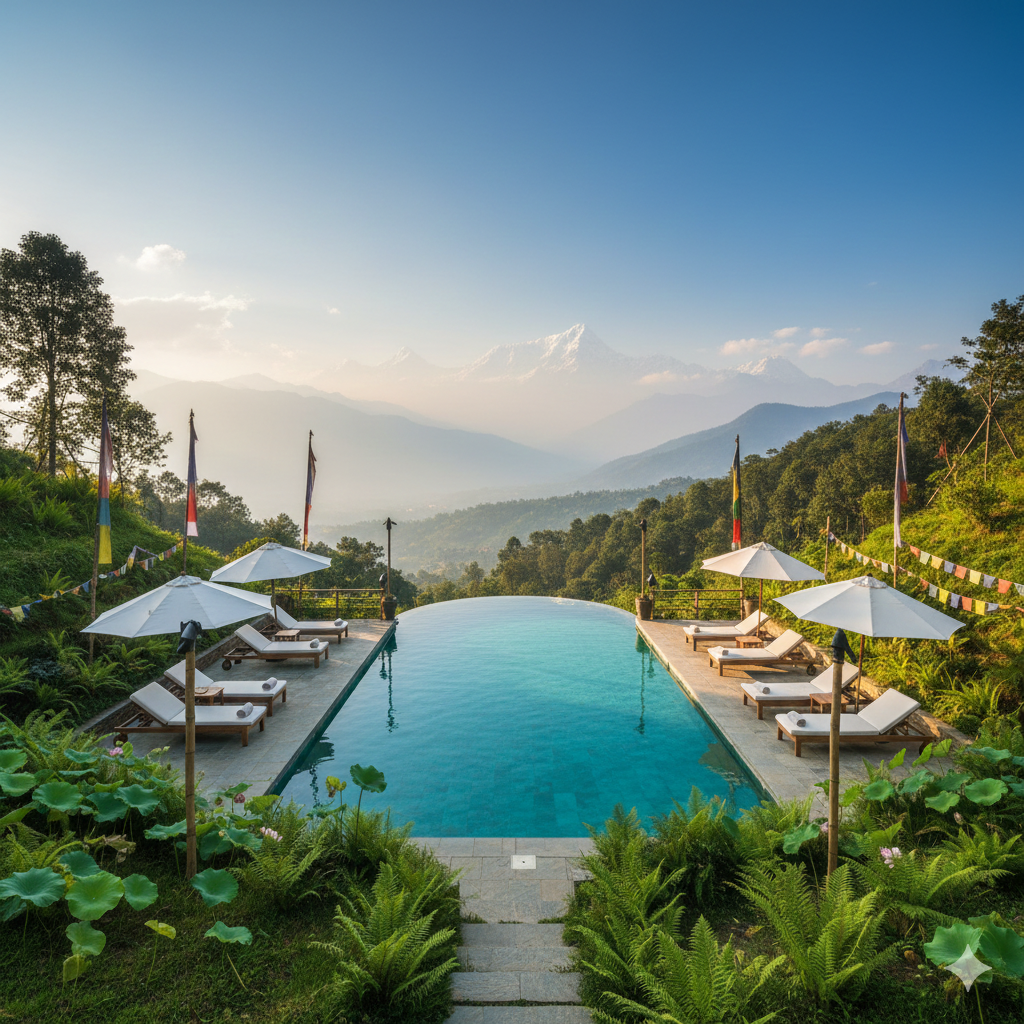 Luxury wellness retreat in the Shivapuri Hills, exemplifying relaxation and spiritual rejuvenation in luxury travel Nepal.