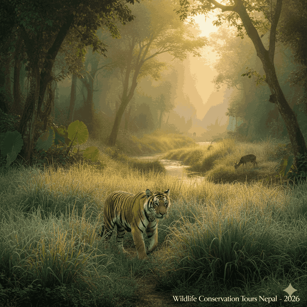 A stunning scene of wildlife conservation tours Nepal with a tiger in Chitwan National Park, illustrating Nepal’s successful wildlife recover