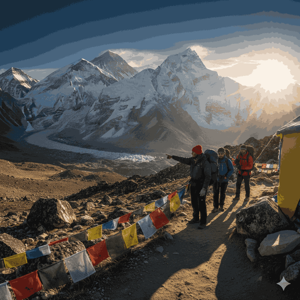 everest base camp trek in nepal showcasing Mount Everest trail with prayer flags and Himalayan peaks