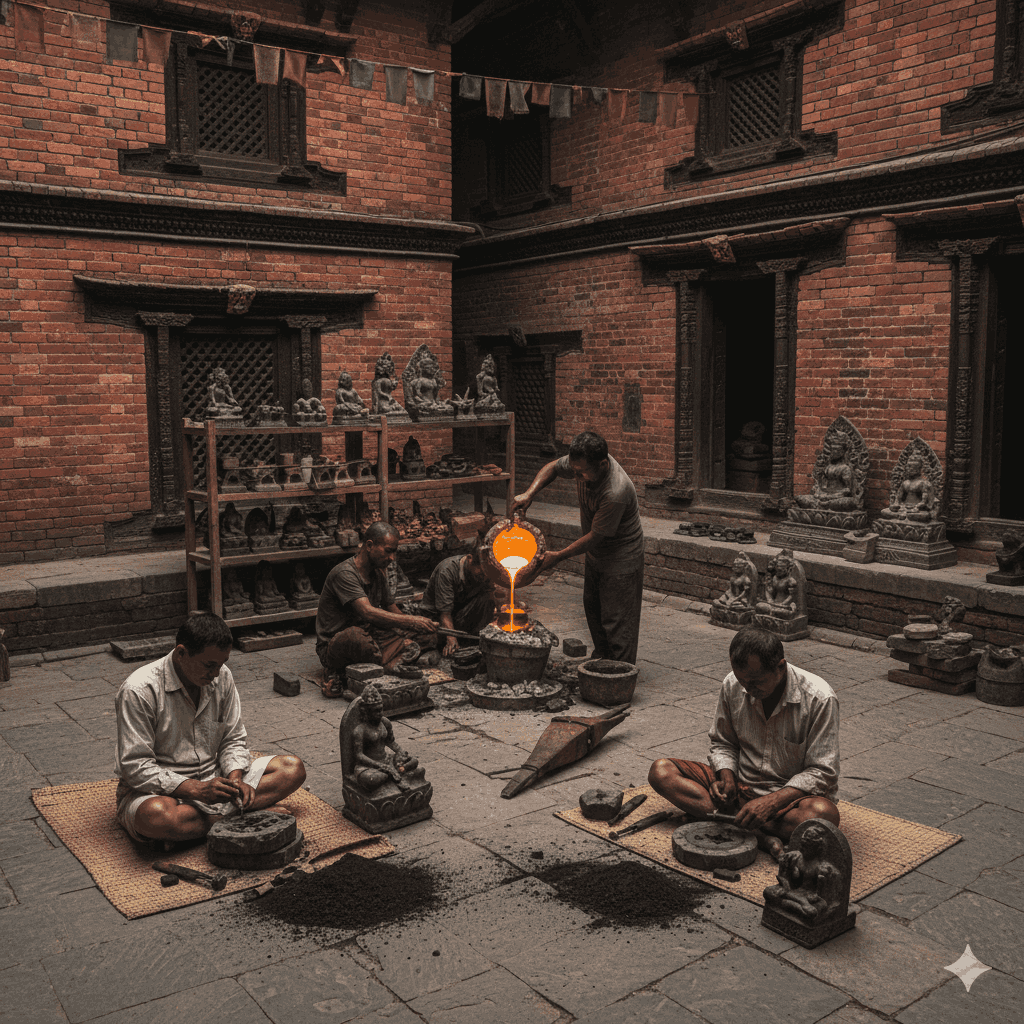 indigenous village industries nepal featuring traditional metal casting and stone carving craftsmanship