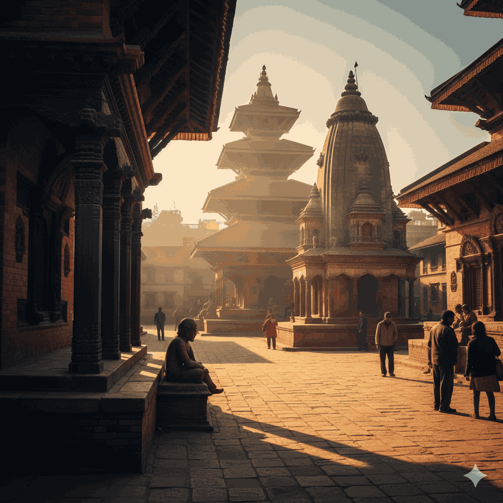 Cinematic shot of Patan’s historic courtyards during golden hour, perfect for Nepal travel reels