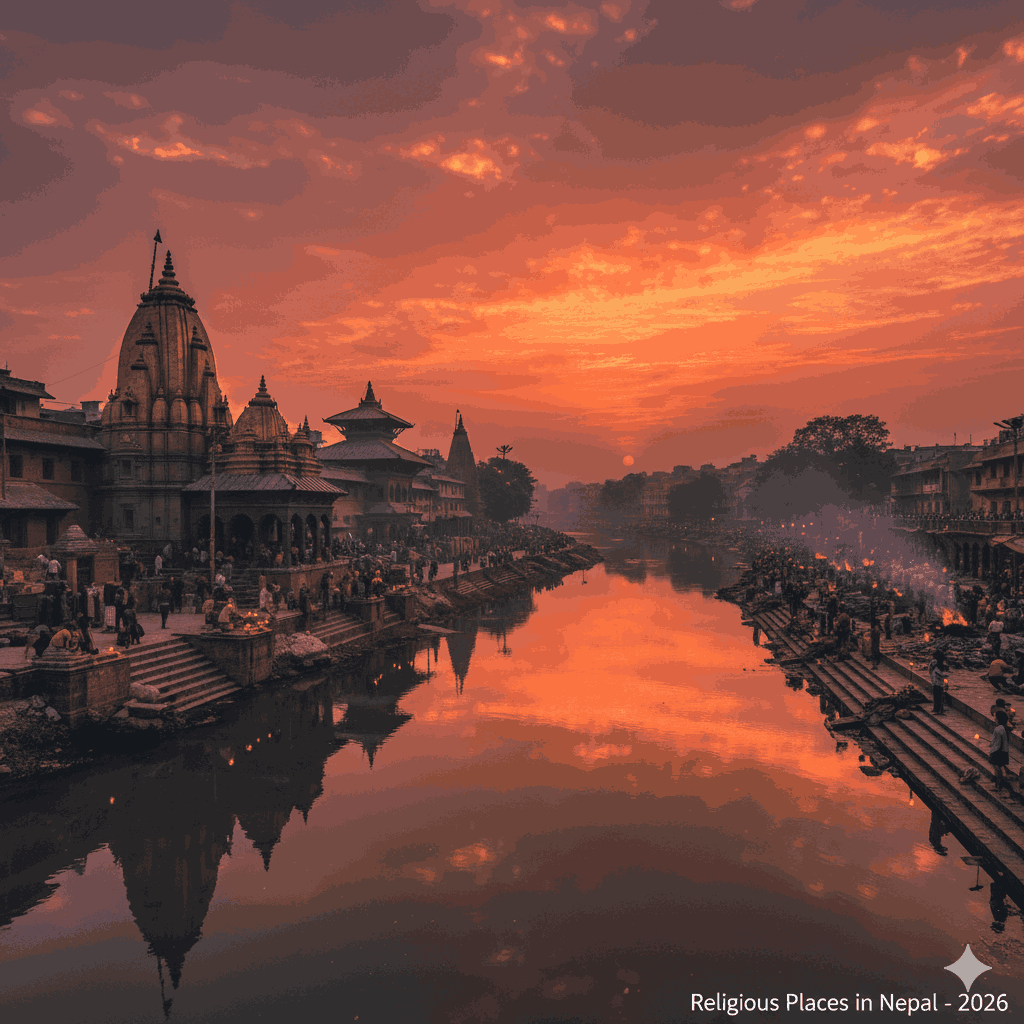 Iconic image of Pashupatinath Temple, one of the most sacred religious places in Nepal, illuminated at sunset with pilgrims and rituals.