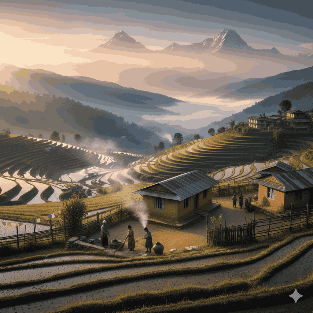 Authentic village life Nepal at dawn with terraced fields and traditional houses, capturing the peaceful rural atmosphere.