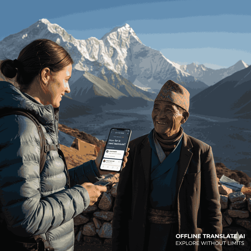 Best offline translation apps for Nepali language — trekker communicating with local using translation app in Nepal mountains