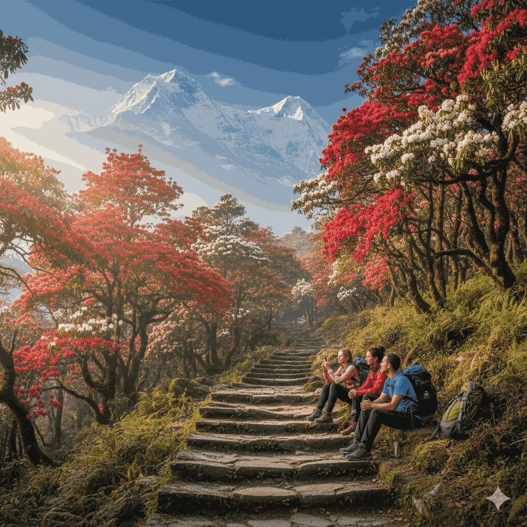 Short trek in Nepal through Ghorepani Poon Hill trail with rhododendron forest and Annapurna views