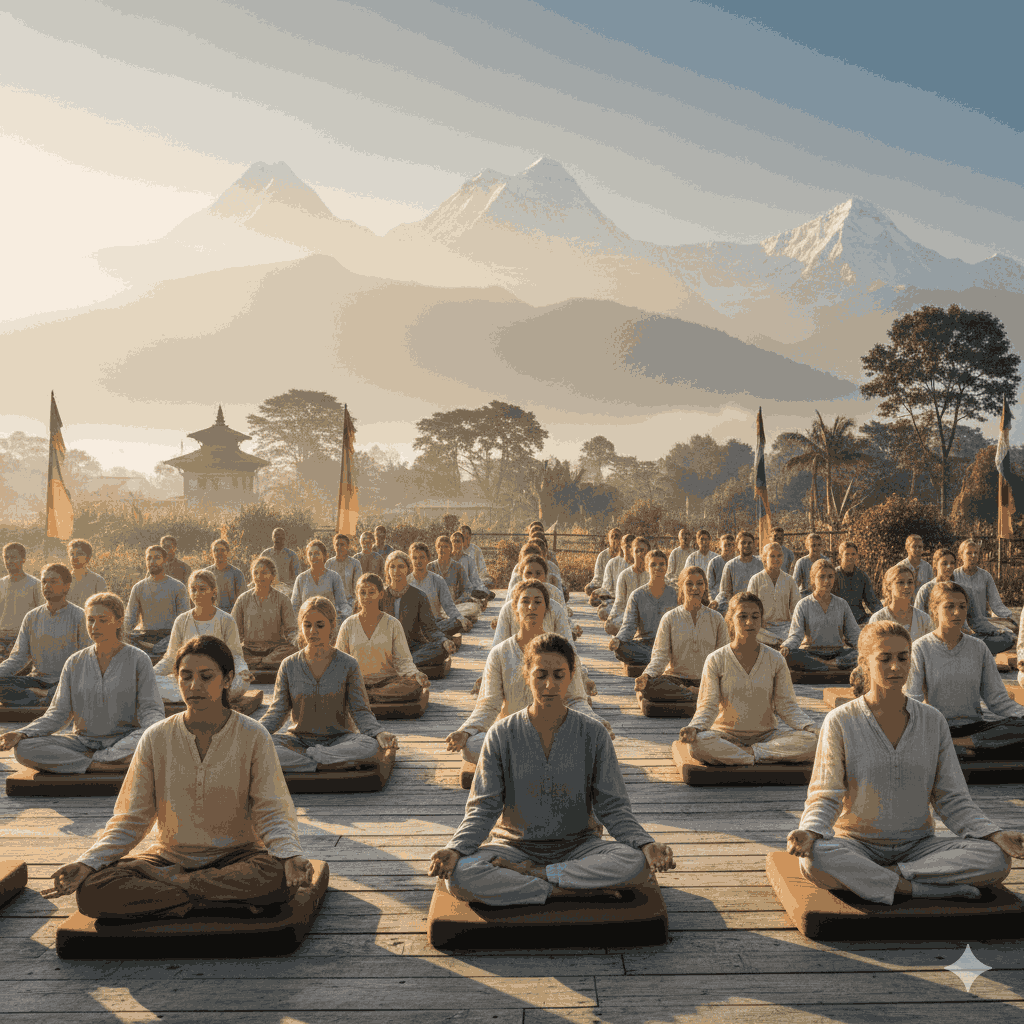 Early morning meditation at Vipassana meditation centers Nepal with Himalayan sunrise.