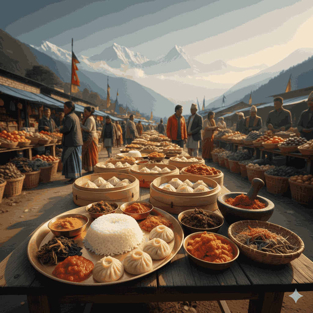 Vibrant scene of local food Nepal in 2026, showcasing colorful dishes from the mountains and plains, emphasizing traditional ingredients and cultural richness.