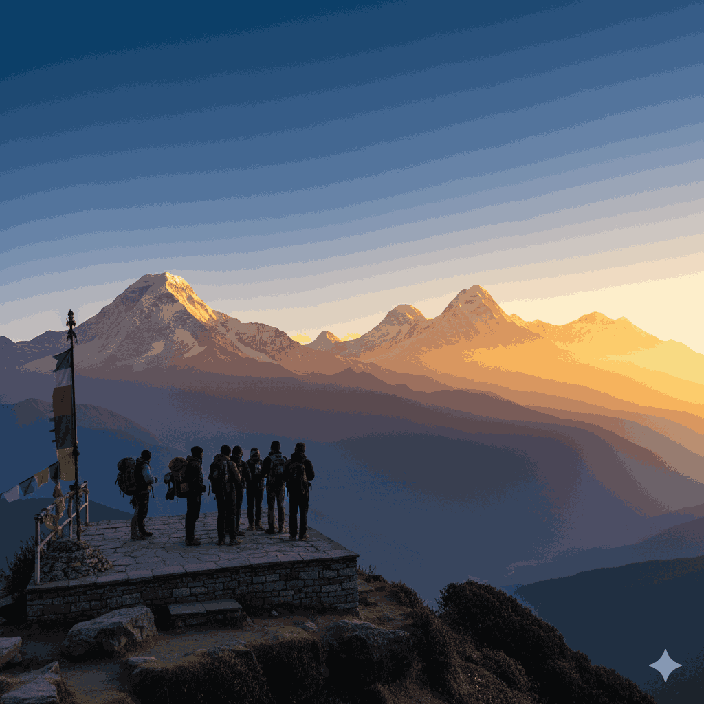ghorepani trek in Nepal with panoramic Himalayan sunrise from Poon Hill