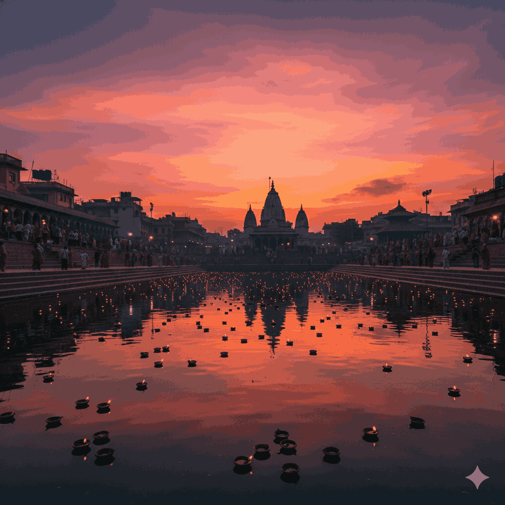 Sunset at Ganga Sagar pond in Janakpur heritage city during Aarti, with floating lamps and temple silhouettes, symbolizing devotion and serenity