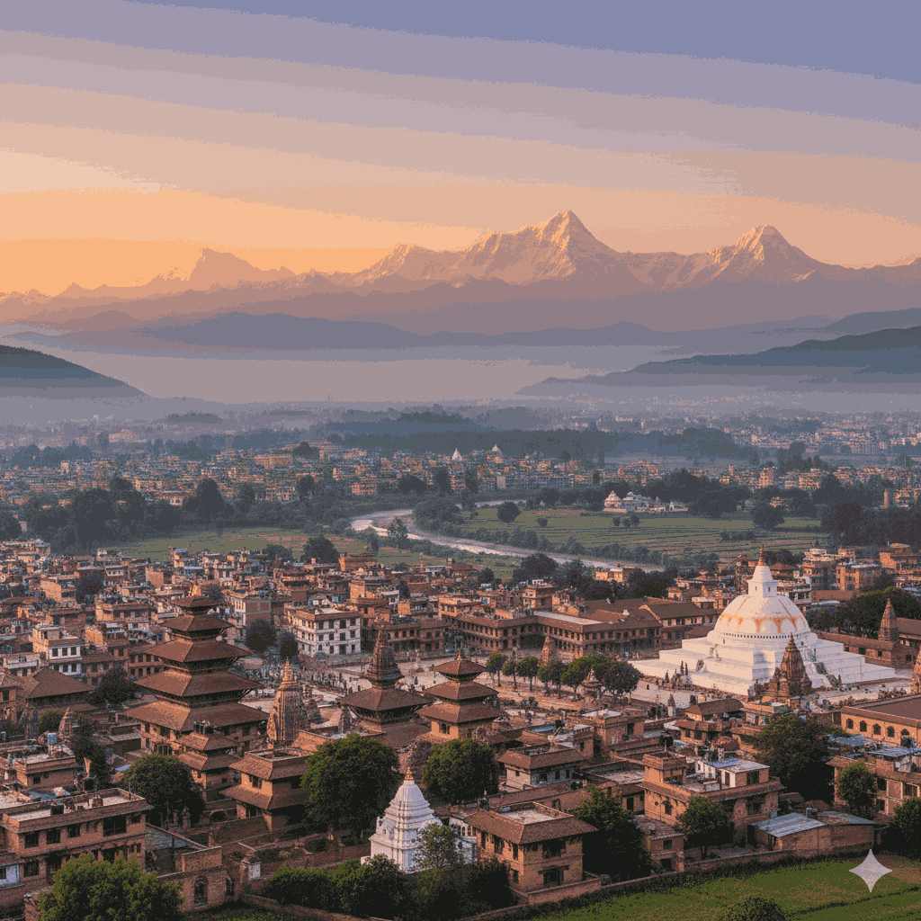 Panoramic view of the Kathmandu Valley showcasing UNESCO World Heritage sites Nepal at sunrise, highlighting the cultural and natural beauty of Nepal.