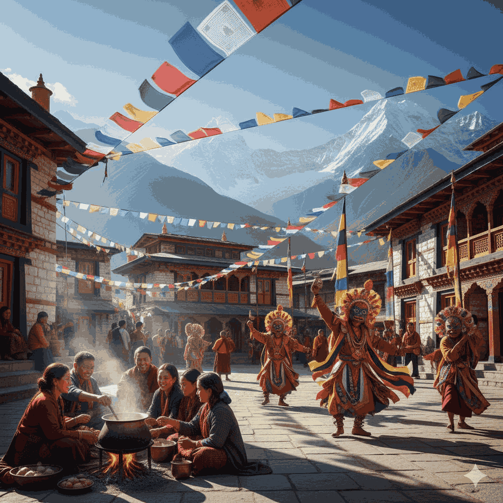 Traditional Losar rituals in Nepal, including Guthuk soup, prayer flag hoisting, and masked Cham dances in Himalayan monasteries.