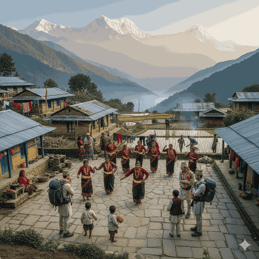 Authentic community tourism Nepal at a rural village with cultural performances and scenic mountain views