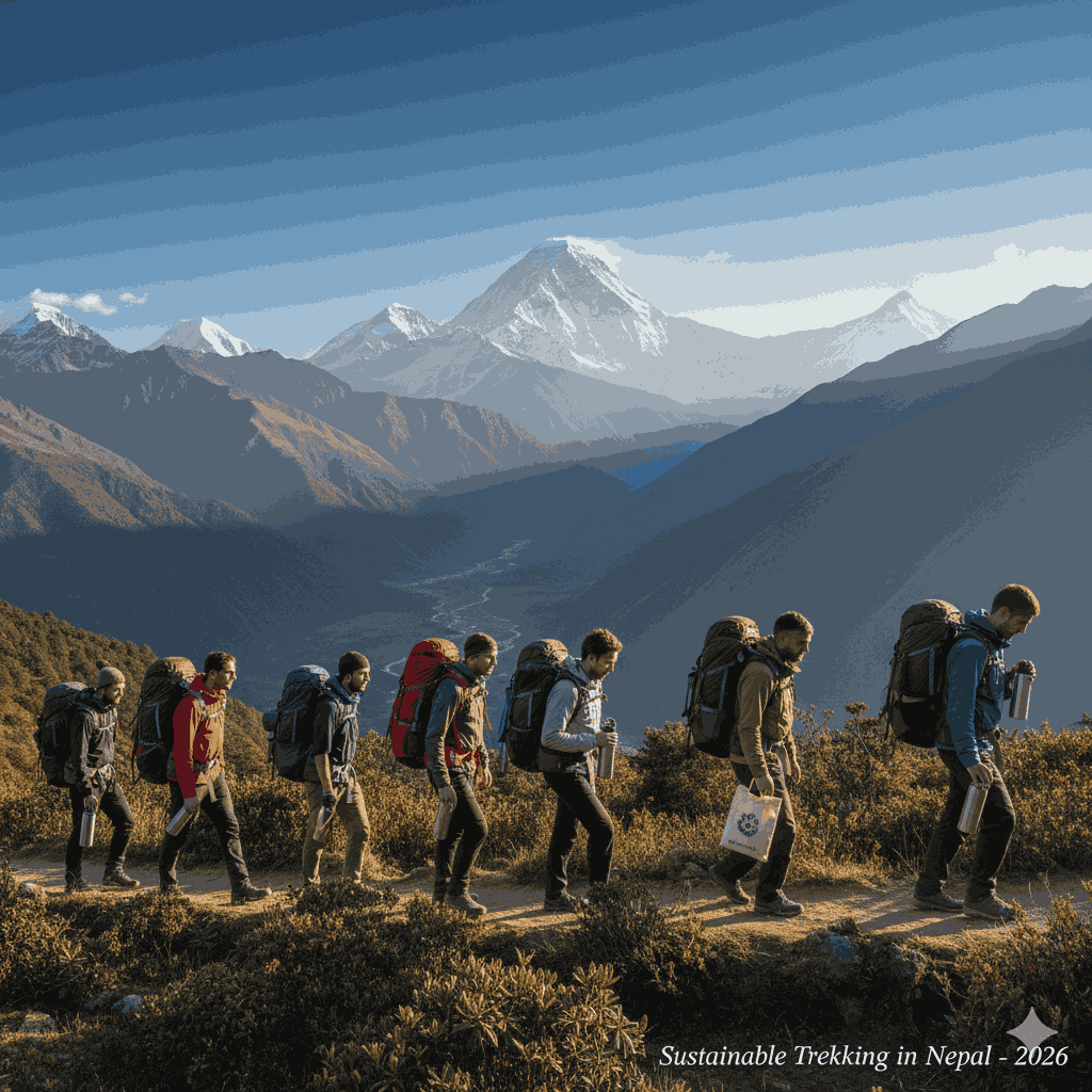 A breathtaking view of Mount Everest with trekkers practicing responsible trekking in Nepal in the foreground.
