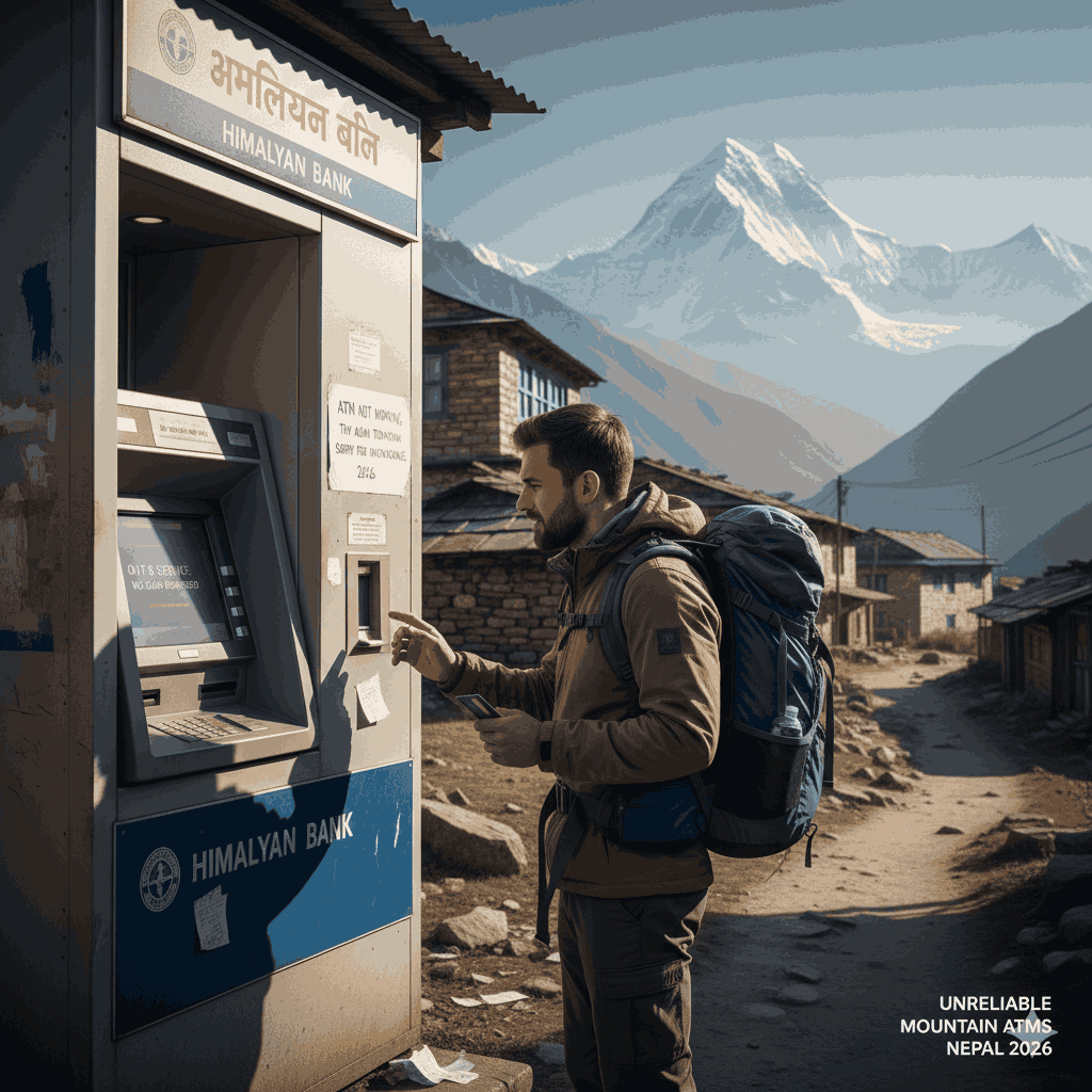 Are there ATMs in the mountains of Nepal? A trekker at a mountain ATM, showing the limited and unreliable access to banking in high-altitude regions in 2026