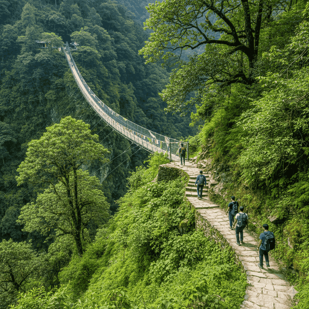ABC trek in Nepal trail with stone staircases and suspension bridges