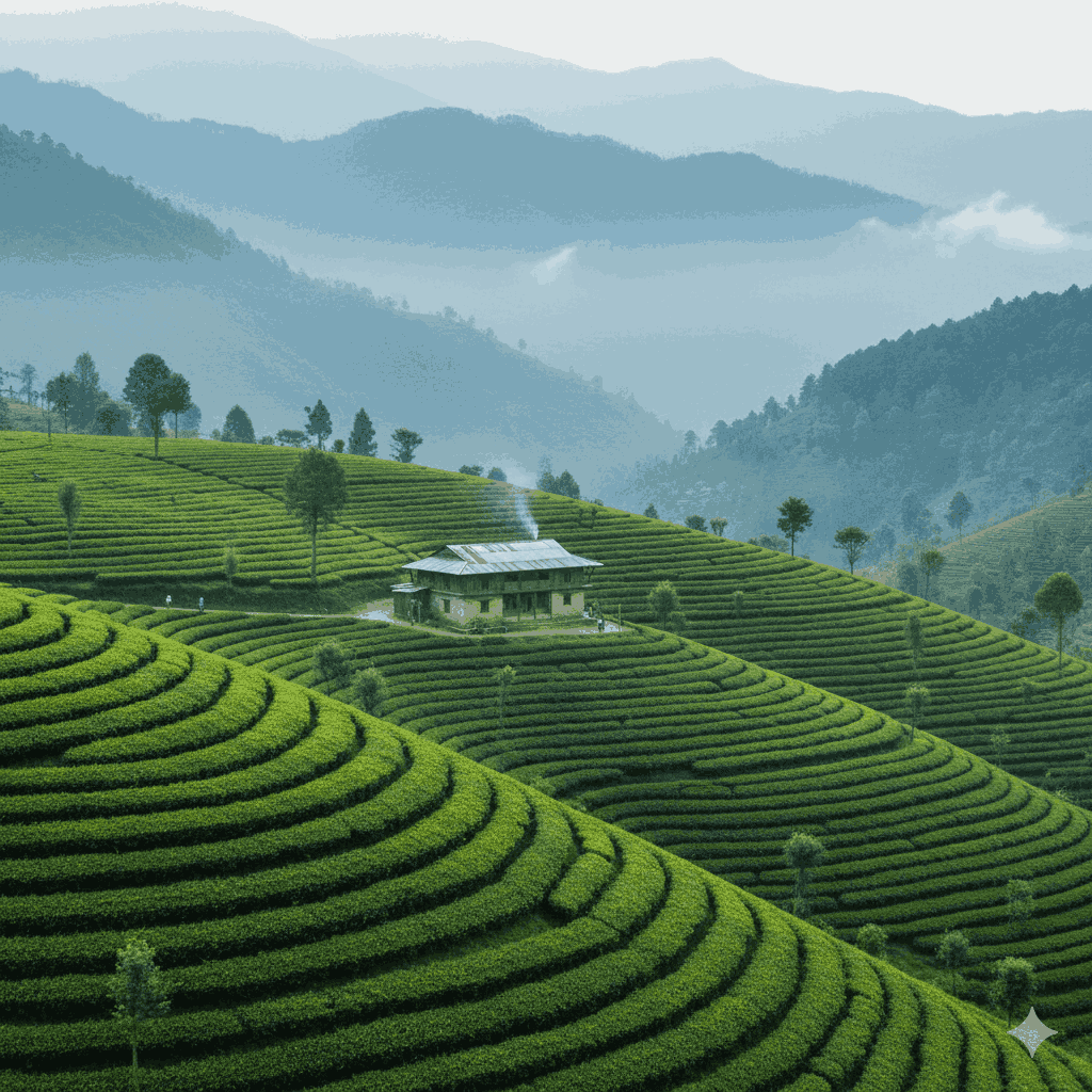 Tea gardens on a green hillside in Nepal, illustrating the peaceful, least crowded places in Nepa