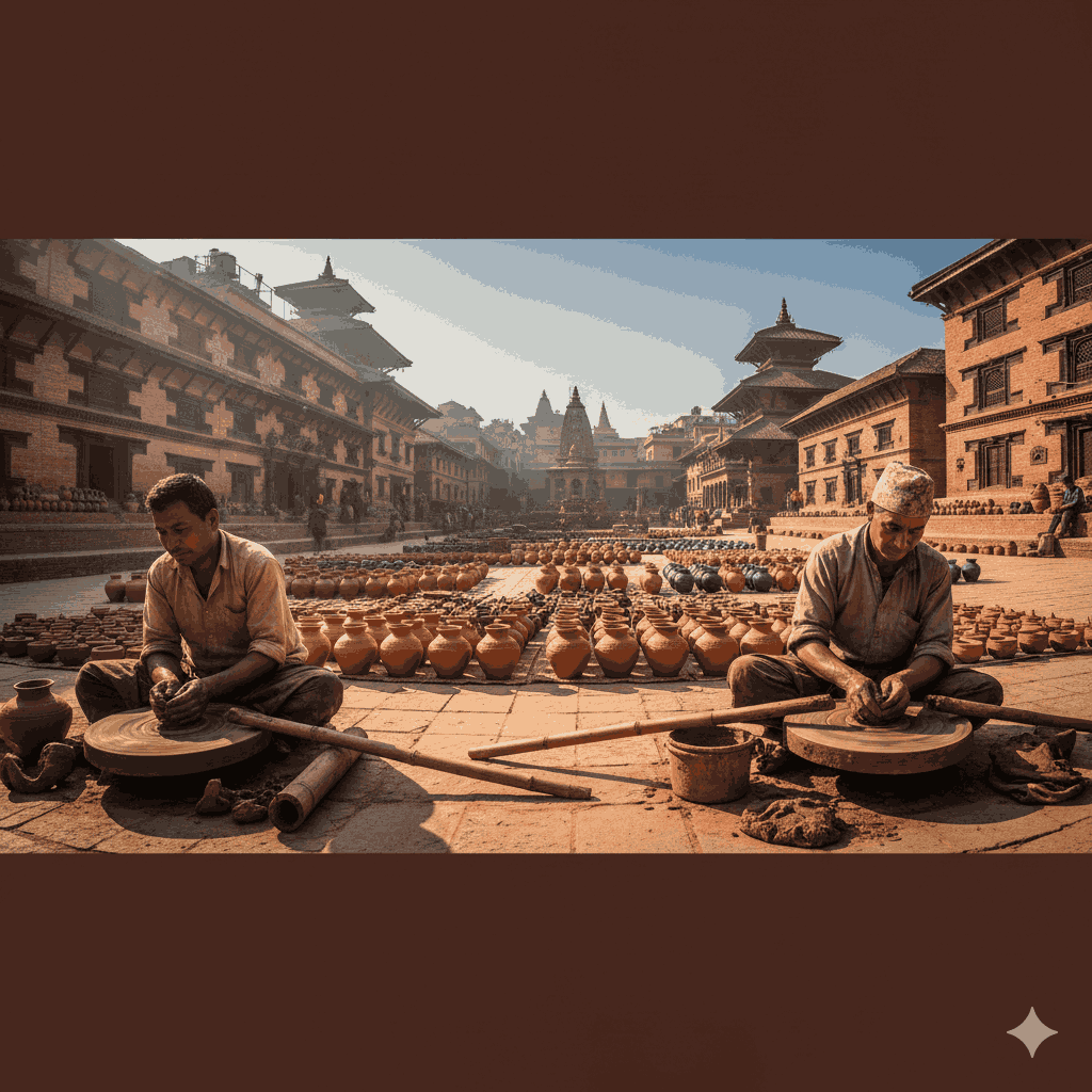 Bhaktapur pottery workshops showing artisans shaping clay on traditional manual wheels