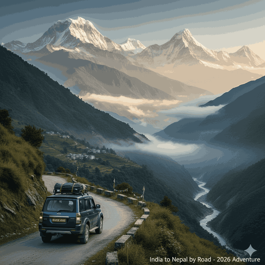 How to travel from India to Nepal by road? A vehicle navigating a mountain pass in the Himalayas, capturing the scenic journey of overland travel in 2026