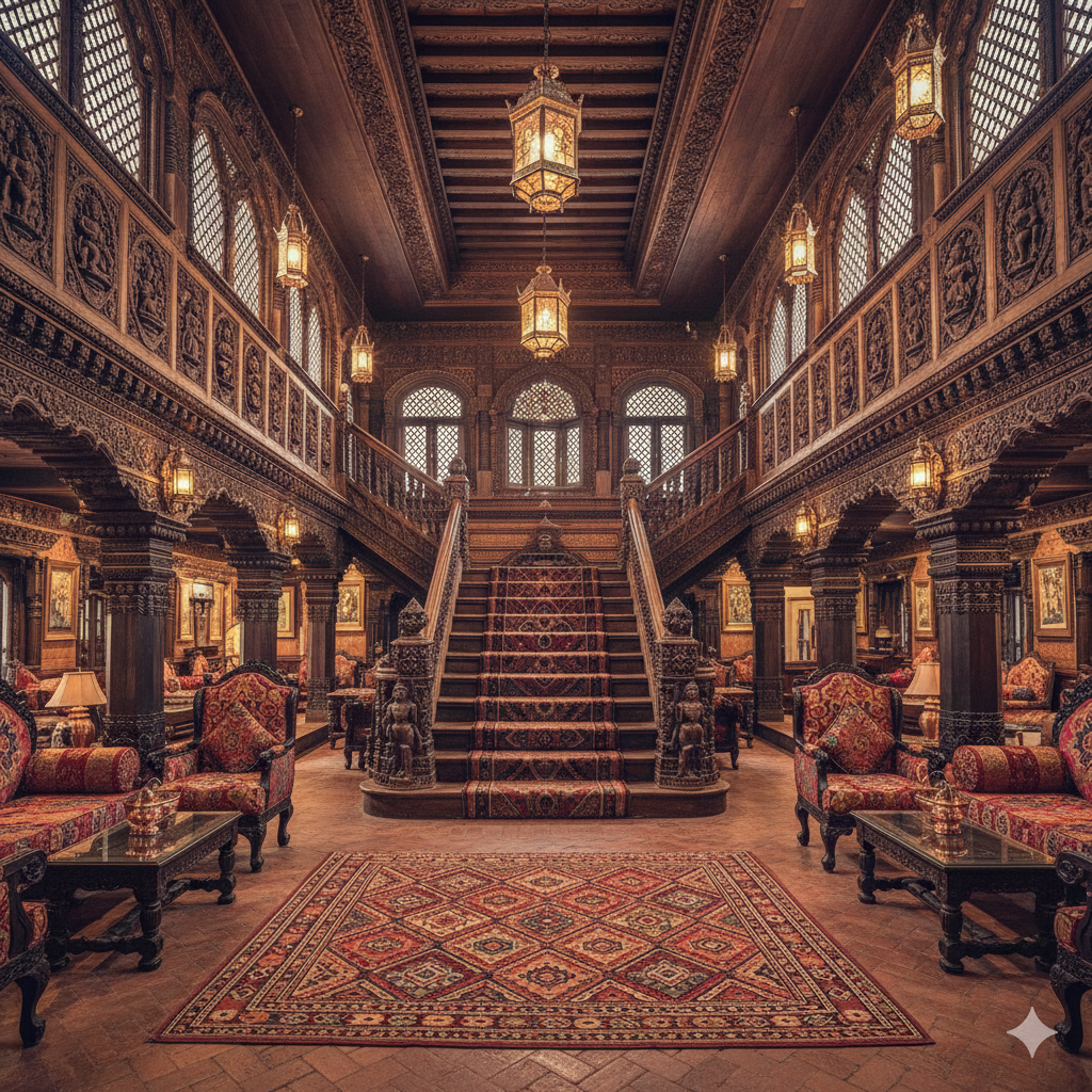 Interior of Dwarika’s Hotel in Kathmandu, a prime example of heritage stays in luxury travel Nepal.