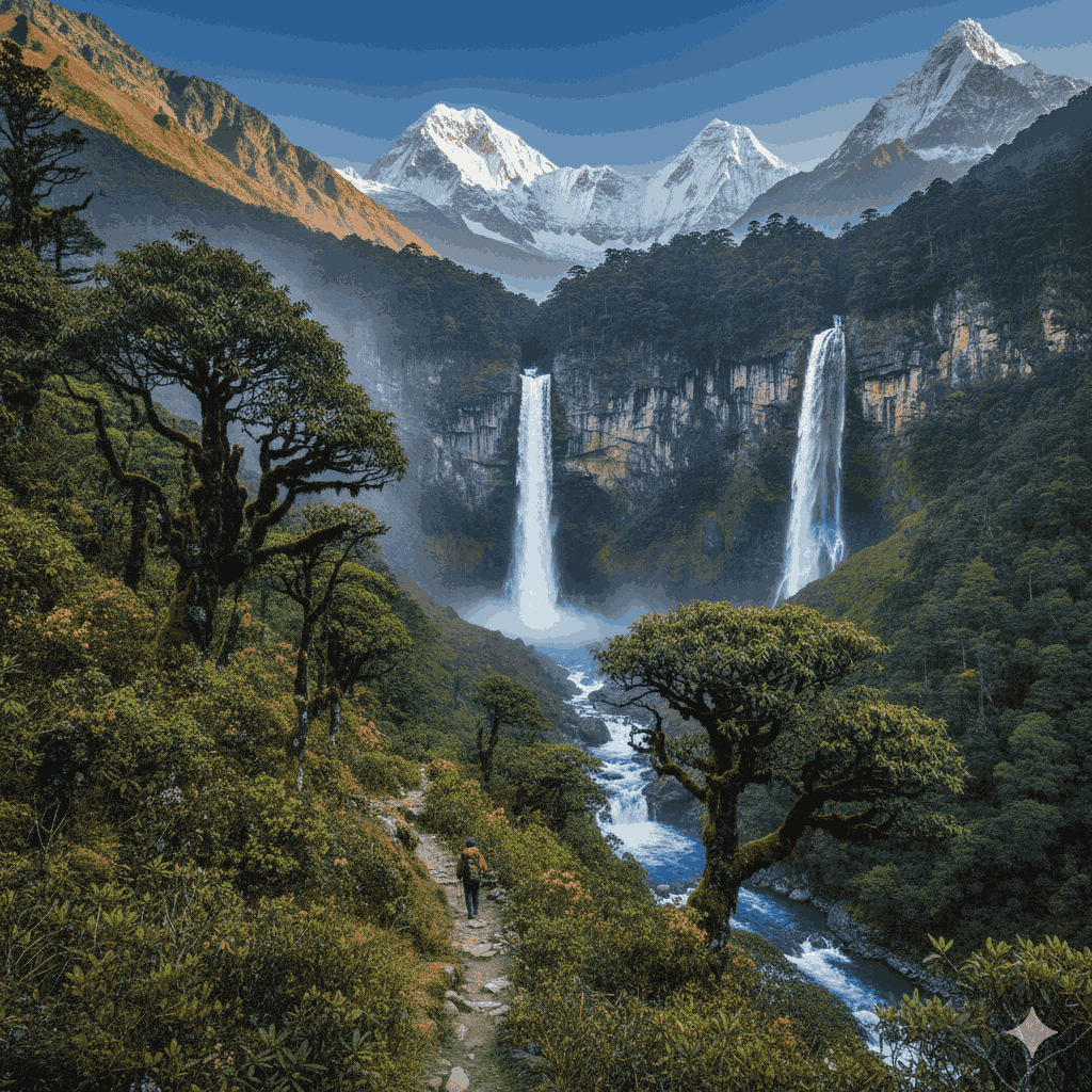 Makalu Barun Hike 2026: A trail in the Barun Valley surrounded by lush forests and waterfalls, highlighting the remarkable ecological diversity of Nepal’s last wilderness