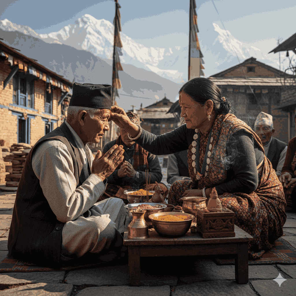 Tamu Losar Celebration in Nepal,Gurung elders performing rituals during the festival.