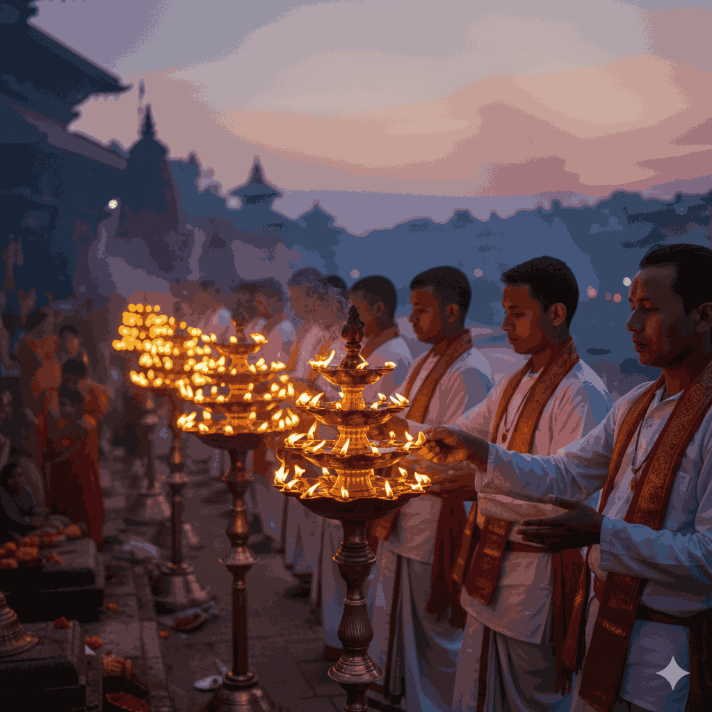Priests lighting lamps during Pashupatinath Temple evening Aarati in Kathmandu, a key moment of the ritual