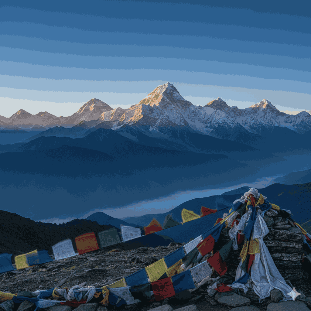 Pikey Peak view: A hiker witnessing sunrise from the summit of Pikey Peak, revealing a 360-degree Himalayan panorama including Everest and other major peaks