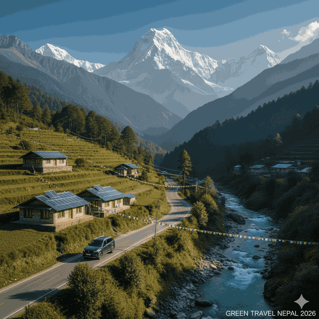 green travel Nepal showcasing sustainable Himalayan tourism with electric transport and eco lodges