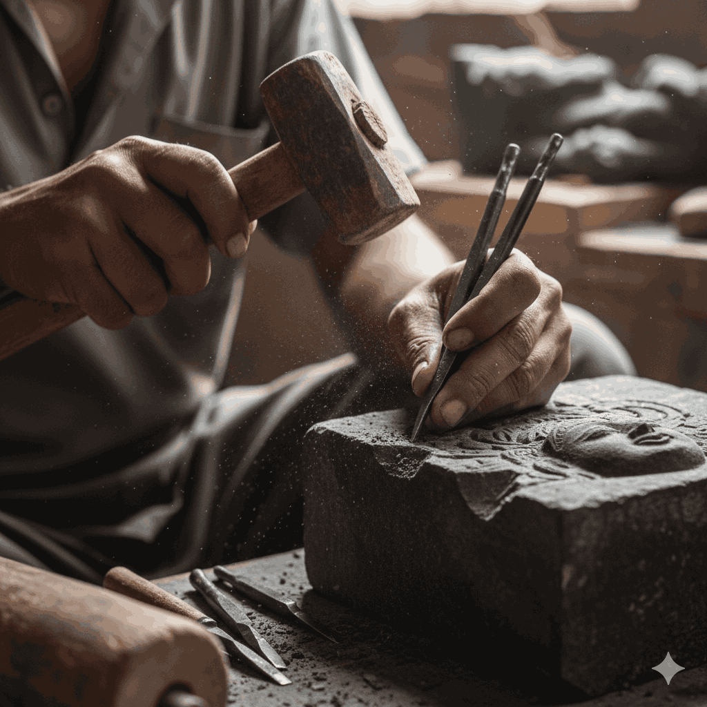 Traditional tools used in stone carving culture Nepal including chisels and wooden hammers shaping black ston
